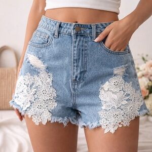 Chic Light Blue Denim Shorts with Lace Trim